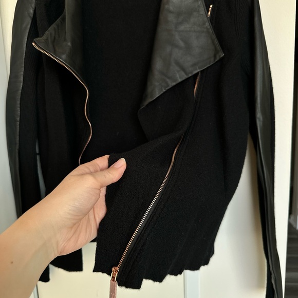 Ted Baker NWOT Black Asymmetric Zip Leather-Trim Wool Jacket - Picture 5 of 16